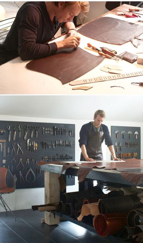 Art Du Cuir, Diy En Cuir, Tool Board, Workshop Studio, Workshop Design, Leather Workshop, How To Store, Leather Art, Sewing Leather