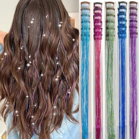 Hair Clip Hairstyle, Glitter Hair Extensions, Tinsel Hair Extensions, Hair Clip Hairstyles, Tinsel Hair, Clip Hairstyle, Hair Tinsel, Ponytail Wig, Fairy Hair