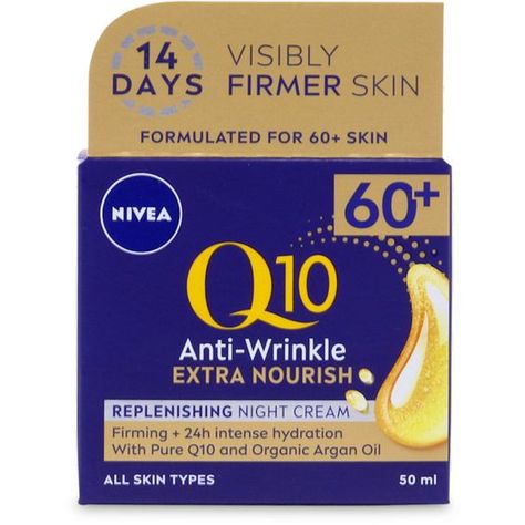 NIVEA Q10 Anti-Wrinkle 60+ Extra Nourishing Night Cream (50ml), Enriched Anti-Wrinkle Moisturiser for Mature Skin, Softening Night Cream with Argan Oil skicare for you 60 Plus, Night Care, Organic Argan Oil, Cream For Dry Skin, Anti Wrinkle Cream, Reduce Wrinkles, Night Cream, Skin Firming, Face Moisturizer