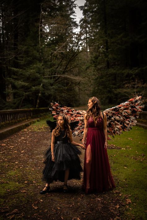 Spooky Mother Daughter Photos, Mother Daughter Halloween Photo Shoot, Dark Family Photoshoot, Wing Photography, Steampunk Photoshoot, Fairy Photos, Angel Wings Photography, Fantasy Shoot, Daughter Pictures