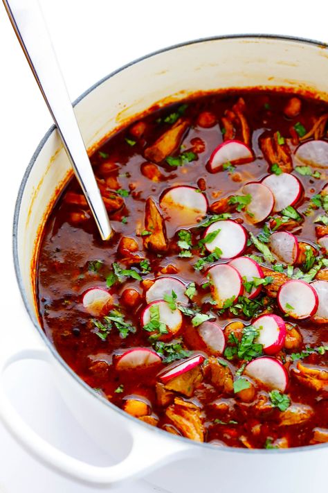 This Posole Rojo recipe is a delicious Mexican pork stew, slow simmered with the most amazing chiles. | gimmesomeoven.com Posole Rojo Recipe, Mexican Pork Stew, Pozole Rojo Recipe, Posole Recipe, Pozole Recipe, Mexican Pork, Mexican Side Dishes, Pork Stew, Mexican Soup