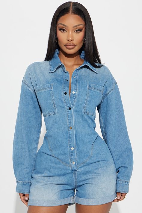 Extra Fits, Beautiful Photoshoot Ideas, Beautiful Angels, Comfy Clothes, Beautiful Photoshoot, Denim Romper, Button Up Long Sleeve, Cuffed Shorts, Photoshoot Ideas