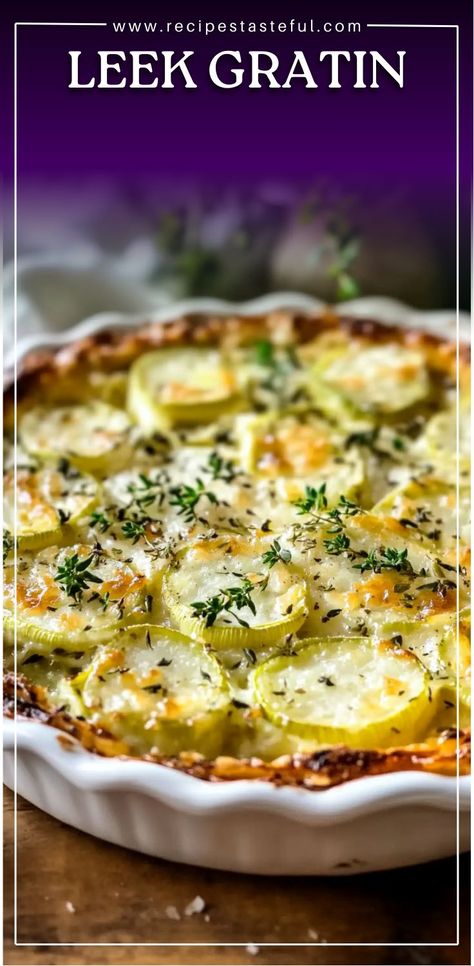 This creamy and cheesy Leek Gratin is a delightful side dish perfect for your Thanksgiving feast. With tender leeks, rich cream, and bubbly Gruyère cheese, it’s a unique addition that will have everyone asking for seconds! #LeekGratin #ThanksgivingSideDish #HolidaySideDish #CreamyGratin #Leeks #CheesyGratin #ComfortFood #VegetarianSideDish #CheeseLovers Leek Gratin Recipe, Leeks Au Gratin, Leek And Beans, Creamed Leeks Recipes, Leaks Recipe Ideas, Leek And Mushroom Recipes, Leaks Recipe, Leeks Recipe Side Dishes, Recipes With Leeks