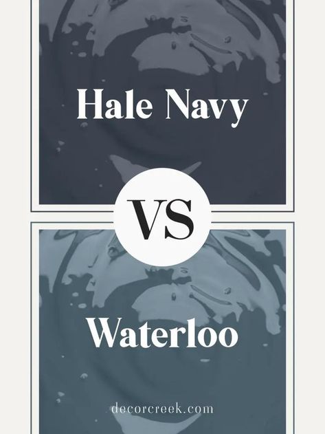 The image shows a comparison between two paint colors. The top portion features the name "Hale Navy," while the bottom portion displays "Waterloo." In the center, the letters "VS" indicate a comparison between the two colors. The background behind both text sections features textured swirls of navy blue shades, reflecting the hues of the two paint colors being compared. Waterloo Sherwin Williams, Sherwin Williams Waterloo, Hale Navy, Feature Walls, Paint Colors For Home, Of Ideas, Benjamin Moore, Sherwin Williams, House Colors