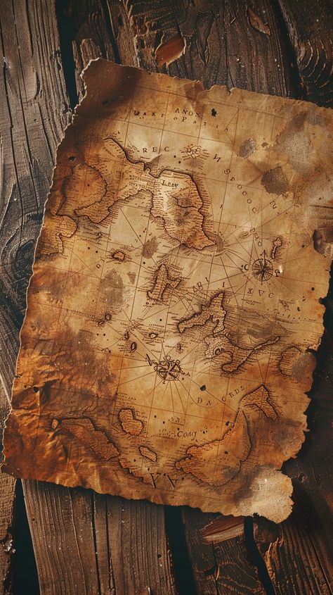 Ancient Treasure Map: An old, weathered treasure map rests atop a rustic wooden surface, evoking a sense of adventure. #historicalrelic #ancientmysteries #vintagediscovery #historicaladventures #quests #digitalart #artificialphotography #stockcake ⬇️ Download and 📝 Prompt 👉 https://stockcake.com/i/ancient-treasure-map_684162_863397 Fantasy Maps Aesthetic, Treasure Map Design, Map Making Aesthetic, Found Treasure, Treasure Hunting Aesthetic, Map Project Ideas, Pirate Map Aesthetic, Treasure Hunt Aesthetic, Old Map Drawing