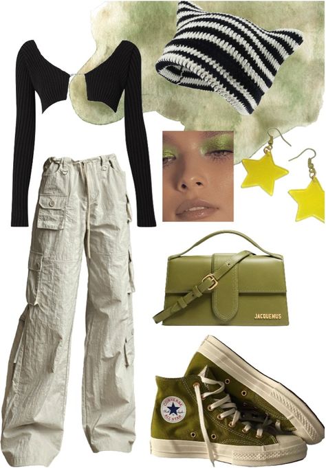 #y2k #green #outfit #inspo Y2k Green Outfit, Parachute Pants Outfit, Baddie Outfit, Baggy Cargo Pants, Green Cargo Pants, Pants Fit, Fit Ideas, Green Outfit, Green Pants