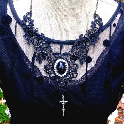 This Is An Extremely Unique One-Of-A-Kind Artist Hand Crafted Gothic Religious Statement Bib Style Necklace Created By The Grimm Art Gallery. On The Black Metal Lace Bib, A Black Metal Serpent Slithers Across And Around A Rhinestone Plate. A Crucifix Is Displayed Hanging From The Bottom Of The Bib. Every Piece Made At The Grimm Art Gallery Is A One-Of-A-Kind Creation By Texas, Usa Artist Joni Lee Grimm. Individuality Is Not Only Important But Is Also A Must For This Grimm Artist. No Piece Is Eve The Grimm, Gallery Jewelry, Gothic Metal, Metal Lace, Texas Usa, Gothic Jewelry, Bib Necklace, Style Necklace, Grimm