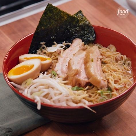 Jet's Spicy Miso Ramen | Don't be jealous! You can make this bowl of Spicy Miso Ramen with pork belly and marinated eggs at home too 🤤🍜 Chef Jet Tila will walk you through his... | By Food Network Kitchen | Today, I'm making a classic Japanese miso ramen with chashu pork belly. Two parts sake to one part soy. So we're going to get the soy broth over heat. We're going to start poaching this in the liquid. Poke a little hole. After six minutes, these eggs are done. Stop the cooking process, whic Ramen With Pork, Chashu Pork, Spicy Miso Ramen, Chef Jet Tila, Marinated Eggs, Jet Tila, Don't Be Jealous, Miso Ramen, Pork Belly