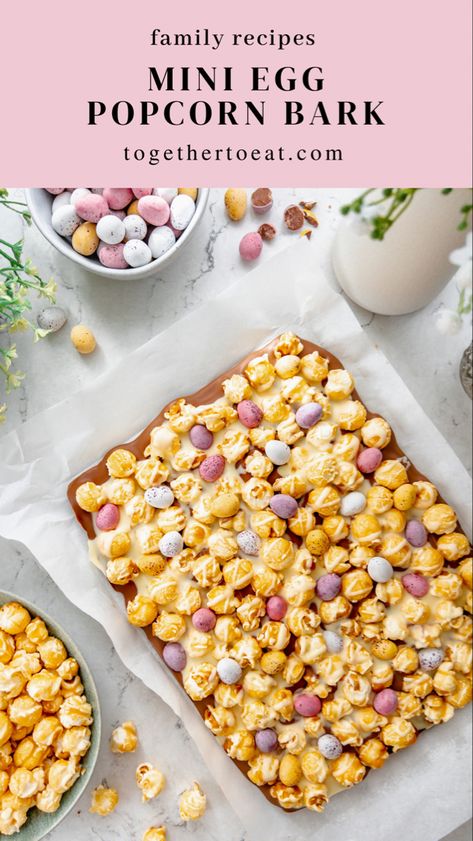 Mini Egg Popcorn Bark | Easter Recipes | Family Recipes | Baking with Kids Popcorn Bark, Easter Chocolate Bark, Coated Popcorn, Easter Popcorn, Easter Deserts, Toffee Popcorn, White Chocolate Bark, Kids Baking, Chocolate Slabs