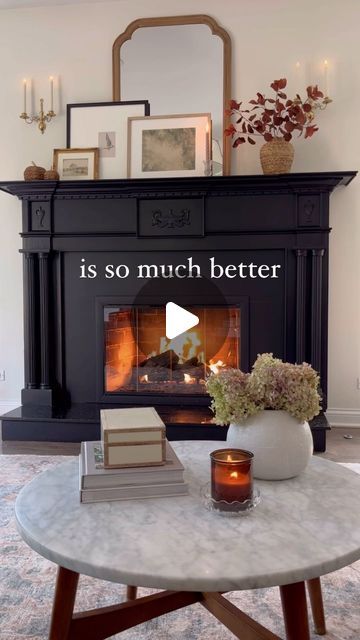 Kelly | Cozy + Collected Home on Instagram: "Our favorite spot to hang as the seasons change 🥰 
A couple things:

Mantel is tricorn black by SW in a satin finish 
Surround is chalkboard paint (the exact brand I used is no longer made) 

Our home was built in 2001 so there was nothing historic about the granite 😉" Black Painted Mantel Fireplaces, Black Fireplaces And Mantels, Dark Fireplace Mantle, Black Painted Fireplace, Black Fireplace Mantel, Dark Fireplace, Black Fireplace Wall, Black Mantle Fireplace, Black Fireplace Surround