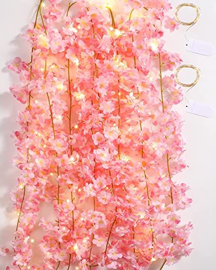 Jutom Artificial Cherry Blossom Flower Garland with String Light Hanging Vines Pink Flower Garland for Spring Home Bedroom Wedding Party Japanese Kawaii Decor (4 Pcs) Vines For Bedroom, Pink Flower Garland, Kitschy Decor, Cherry Blossom Flower, White String Lights, Hanging Vines, Outdoor Party Decorations, Japanese Decor, Light Hanging