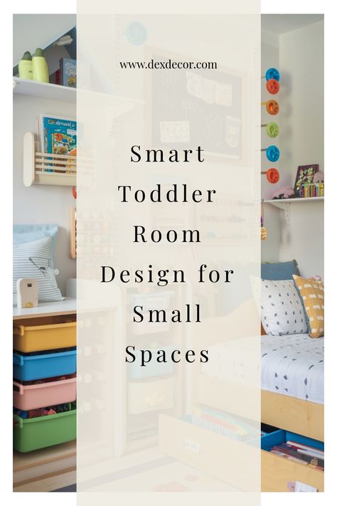 Smartly designed toddler room for small spaces with colorful storage and playful decor. Small Room Design Layout, Small Toddler Boys Bedroom Ideas, Kids Box Room Ideas Bedrooms, Toddler Room Small Space, Renter Friendly Kids Room, Toddler Girl Small Bedroom Ideas, Kids Apartment Bedroom, Small Bedroom 2 Kids, Sharing Room With Toddler