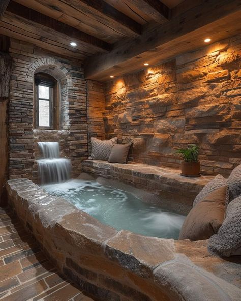 Cool Home Ideas, Cool Bathrooms, Basement Spa, Big Bathtub, Kolam Koi, Log Home Designs, Bathroom Farmhouse, Dream Shower, Rustic Bathroom Designs