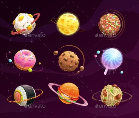 Food planet galaxy concept. Fantasy planets set on cosmic background. Vector space illustration. Tasty astronomy art. Fantasy Planets, 2019 Aesthetic, Cosmic Background, Minimalistic Wallpaper, Sofas Design, Planet Drawing, Planet Design, Astronomy Art, Space Illustration