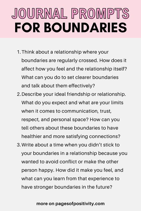 a pin that says in a large font Journal Prompts for Boundaries Self Respect Journal Prompts, Setting Boundaries Journal Prompts, Boundary Journal Prompts, Journal Prompts For Setting Boundaries, Narcissistic Journal Prompts, Journal Prompts For Boundaries, Boundary Questions, Journal Prompts For Divorce, People Pleasing Journal Prompts