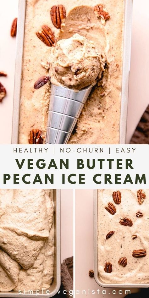 Vegan Butter Pecan Ice Cream recipe is 100% dairy-free and made with a handful of healthy whole food plant ingredients for a delicious dessert or treat! #veganicecream #nondairyicecream Butter Pecan Ice Cream Recipe, Exotic Desserts, Vegan Frozen Dessert, Nut Salad, Pecan Butter, Butter Pecan Ice Cream, Vegan Ice Cream Recipe, Pecan Ice Cream, Plant Based Desserts