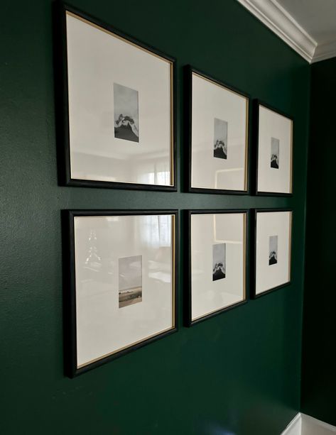 Gallery Wall Frame Black/Brass - … curated on LTK Black Wall With Black Picture Frames, Black Framed Picture Wall, Gallery Wall Powder Room, Black Square Frames Photo Walls, Dark Green Gallery Wall, Gallery Wall Dark, Gallary Wall, Greige Walls, Dark Green Walls