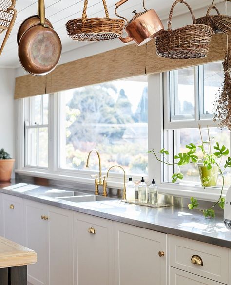 A dreamy provincial farmhouse kitchen at @seymour_houseandcabin has been perfectly designed by property owner and stylist Georgia Ashdown, alongside her chef husband Alex Watts 🏠️ ⁠ ⁠ Our Classic Drawer Pulls + Cupboard Knobs in Polished Brass sit alongside our Antique Brass Switches in this gorgeous space ✨️⁠ ⁠ TradCo.com.au #TradCo Antique Brass Kitchen Door Handles, Chef Husband, Brushed Brass Cupboard Handles, Brass Switches, Provincial Farmhouse, Antique Brass Quooker Tap, French Antique Brass Cabinet Knobs, Quooker Tap Belfast Sink, Kitchen Sink Window