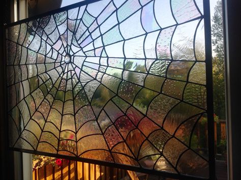 Spiderweb Stained Glass Pattern, Spider Web Stained Glass Pattern, Cool Windows, Stained Glass Spider Web, Stained Glass Spider, Glass Spider, Living Space Decor, Stained Glass Pattern, Goth Home