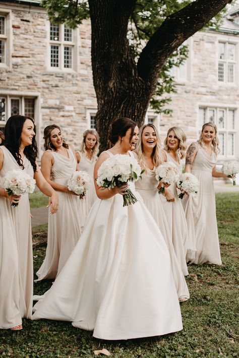 Candid bridal party wedding photos from Madison and John’s classic wedding in Nashville. The bridesmaids beautiful neutral cream dresses were the perfect match for the timeless wedding aesthetic. We offer luxury wedding planning in Nashville and worldwide. Nashville wedding venue indoor, old money wedding, elegant wedding reception, chic wedding, classy wedding, candid wedding photos Fun Wedding Poses, Bridesmaids Getting Ready Photos, Neutral Bridesmaids Dresses, Bridal Party Wedding Photos, Party Wedding Photos, Neutral Bridesmaids, Bridal Party Pictures, Fun Bridal Party Photos, Getting Ready Photos Wedding