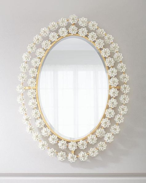 Porcelain Oval White Flowers Brass Beveled Mirror Flower Mirror, Sunburst Mirror, Porcelain Flowers, Beveled Mirror, Ceramic Flowers, Home Decor Mirrors, Floor Mirror, Gold Mirror, Accent Mirrors