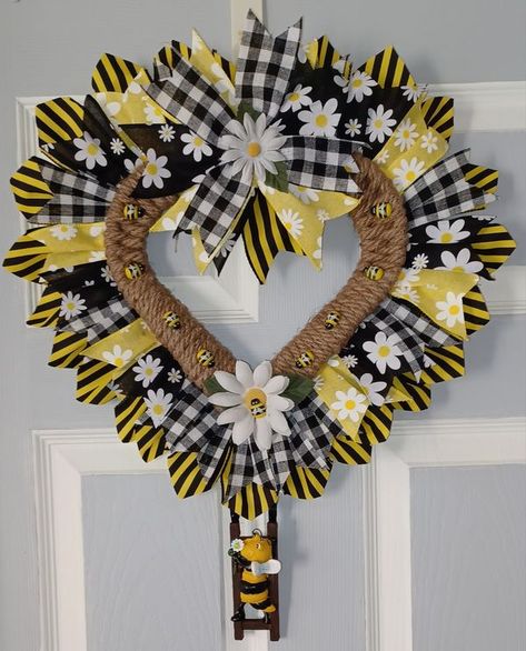 Dollar Tree Fanatics Crafts & Decor | Might be a little early for this one but hey I hope everyone had a Bee-utiful day | Facebook Heart Wreath Form, Barn Crafts, Bee Heart, Ribbon Wreath Christmas, Valentine Wreaths, Summertime Crafts, Sunflower Crafts, Wreath Sunflower, Deco Mesh Wreaths Diy