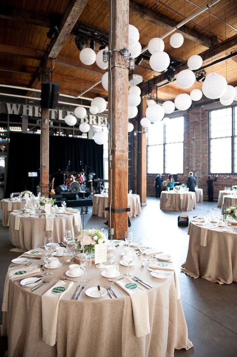 Burlap Table Cloth Ideas, Taupe Table Cloth Wedding, Round Table Linen Ideas, Taupe Tablecloth Wedding, Cream Table Cloth Wedding, Brewery Photography, Steam Whistle, Wedding Table Layouts, Company Photography