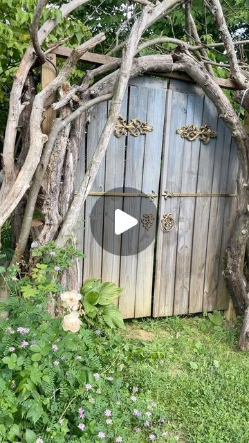 Allison R Keys 🗝 Little things with great love. on Instagram: "Last year I built these secret garden walls out of woven branches. My son and I tucked a child sized door and window in the walls. This year I built a twisted apple trunk arbor to stretch in a Gothic arch over purple blue ombré gates that I decorated with gold. I planted climbing roses to climb that arch. I wanted a sacred space to be able to meditate, pray, and inspire. I went all in each step to make the garden more fantastic and also like it’s been there for a hundred years. Today I had a friend over for tea and conversation. It was 95 degrees and humid but in the deep shade of my secret garden we spent the hottest part of the day and it couldn’t have been more than 82 degrees. It feels like your being held by cool tree bra Woven Branches, Secret Garden Door, Rock Path, Purple Blue Ombre, My Secret Garden, Gothic Arch, Garden Walls, In The Deep, Big Tree