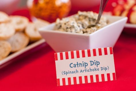 Catnip Dip from Cat in the Hat Themed Birthday Party at Kara's Party Ideas. See more at karaspartyideas.com! Birthday Party Cat Theme Food Ideas, Kitten Birthday Party Food, Cat Theme Food Ideas, Cat Themed Appetizers, Cat In The Hat Themed Snacks, Gabby Cat Birthday Party Food, Cat Party Ideas Food, Kitten Party Food, Cat Birthday Party Snacks