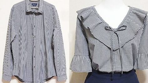 How To Make A Blouse From A Man’s Shirt | DIY Joy Projects and Crafts Ideas Men’s Shirt To Blouse, Repurposed Mens Dress Shirt, Refashion Men's Shirts To Women's Diy, Upcycle Man Shirt, Upcycled Mens Shirt, Mens Shirt Diy, Upcycled Button Down Shirt, Blouse Hacks Ideas, How To Make A Shirt