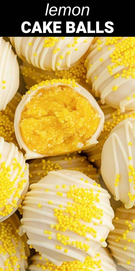 yellow cake balls with white chocolate coating and yellow sprinkles Lemon Cake Truffles, Fish Bowl Cake Pops, Lemon Drop Cake Bites, Buttercream Balls, Lemon Cake Balls Recipe, Easy Cake Balls Recipe, Yellow Food Ideas, Cake Cycles, Lemon Cake Pops Recipe