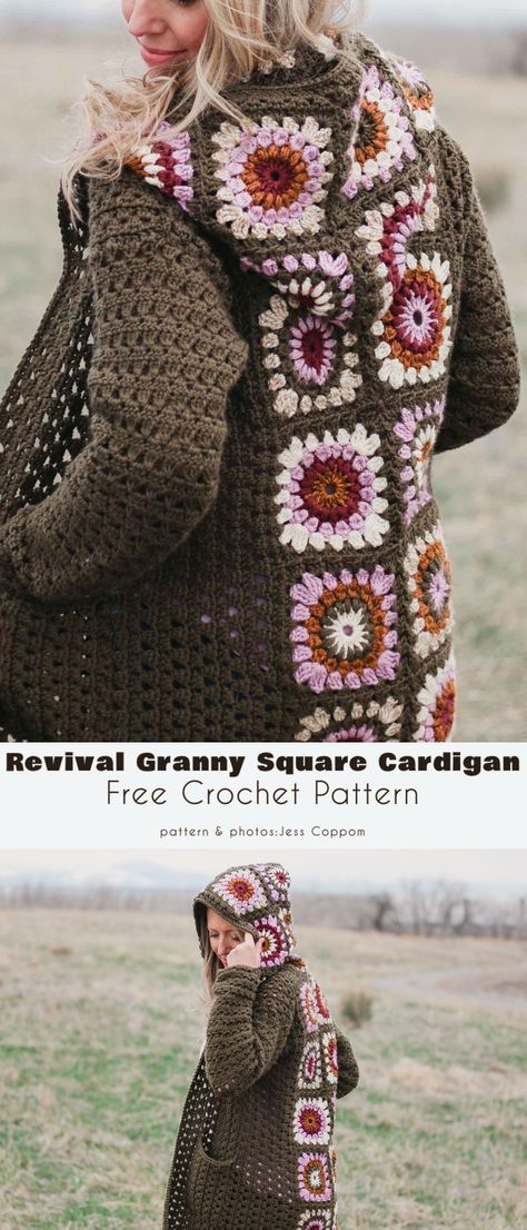 Revival Granny Square Cardigan Revival Cardigan Crochet, Crochet Granny Square Hooded Cardigan, Granny Square Coat Pattern Free, Crochet Housecoat Free Pattern, Granny Square Hoodie Pattern Free, Crochet Granny Square Cardigan Free, Granny Square Hoodie Pattern, Crochet Squares Cardigan, Granny Square Jacket Pattern Free