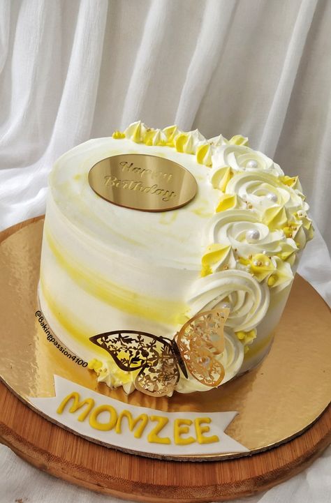 Yellow beauty Yellow Color Cake Design, Elegant Whipped Cream Cake Design, White And Yellow Cake Decoration, Yellow Cake Decoration Birthday, Yellow Stencil Cake, Yellow And White Cake Design, Birthday Cake Yellow Theme, Cake Designs Yellow, Yellow Decorated Cake