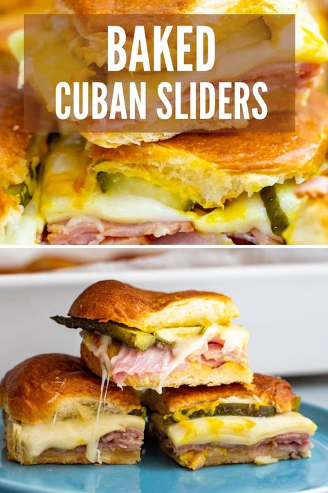 These Baked Cuban Sliders are stuffed with ham, pickles, swiss cheese, and mustard and lightly pressed while they bake. So delicious! #sliders #cuban #Sandwich #appetizer Cuban Medianoche Sandwich, Grilled Cuban Sandwich, Mini Cuban Sliders, Mini Cuban Sandwiches, Cuban Pinwheels, Cuban Sliders Recipes, Cuban Appetizers For Party, Cuban Sliders Hawaiian Rolls, Mexican Sliders