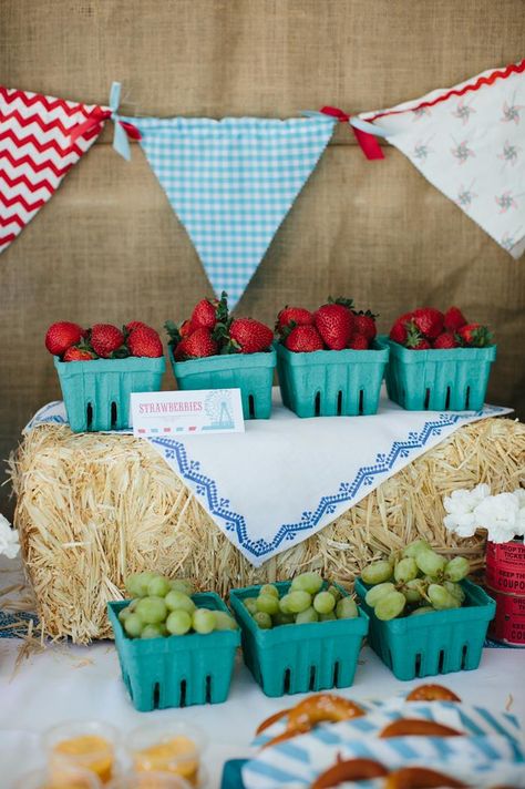 County Fair Themed 1st Birthday Party with So Many Cute Ideas via Kara's Party Ideas | KarasPartyIdeas.com #CountyFair #PartyIdeas #Supplies... Country Fair Party, County Fair Theme, Farmers Market Party, County Fair Birthday, Fair Theme, Farm Themed Birthday Party, Country Birthday, Barnyard Birthday, Strawberry Party