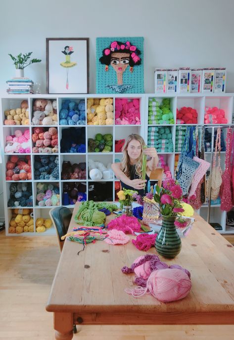 Happy Place With London Kaye | Welcome to the Craft Yarn Council Colorful Craft Room Office, Kallax Yarn Storage, Craft Store Interior, Craft Shop Interior, Knitting Room Ideas, Yarn Craft Room, Craft Workshop Ideas, Yarn Room, Yarn Studio