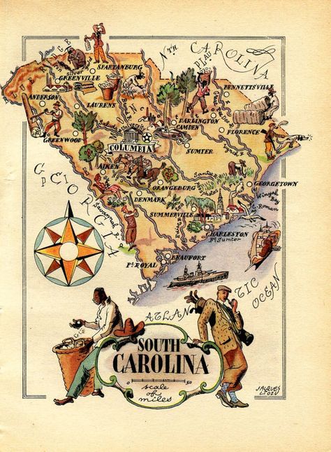 This is a beautiful illustrated map of South Carolina, USA. This small vintage map was published in Doré Ogrizeks travel guide Les Etats-Unis dAmérique in Paris in 1946. Size: 6.2 by 4.7. Inches including margins. In excellent condition. This is an ORIGINAL, not a reproduction. Cant wait? Upgrade to express shipping here: http://etsy.me/Xx71Xz See more map from this series: https://www.etsy.com/shop/CarambasVintage/search?search_query=... Map Of South Carolina, South Carolina Map, Vintage Maps Art, Georgia Map, Pictorial Maps, Map Vintage, Sketches Of People, Etsy Ideas, Printable Maps