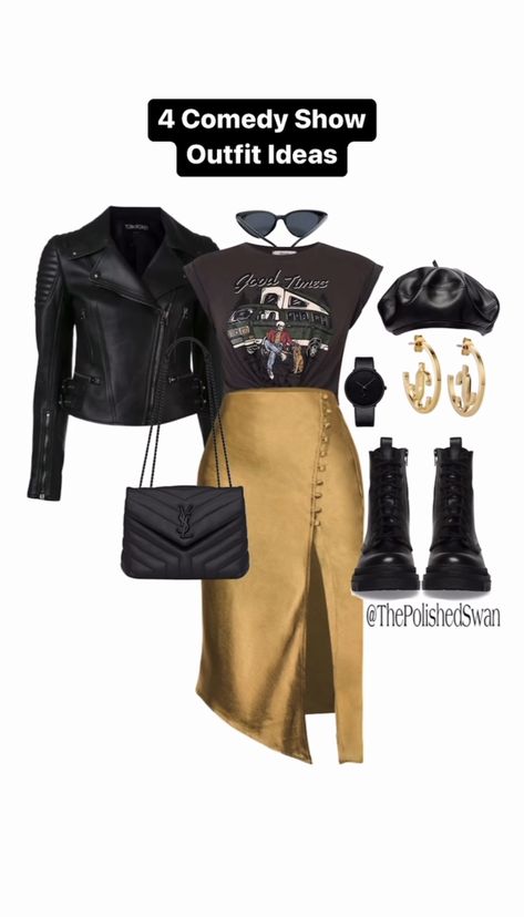 Outfit Comedy Show, High Waist Skirt For Fall Night Out, Gold Skirt For Fall Night Out, Bar Night Fall Skirt, Bar Hopping Outfit Night Winter, Comedy Show Outfit Night Winter, Fall Faux Leather Club Skirt, Fall Leather Club Skirt, Winter Night Out Outfit Bar