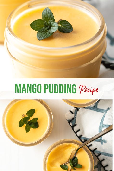 Mango Pudding Recipe - This wonderfully sweet and perky Chinese dessert has become popular worldwide, and it's no surprise why. It's a decadent, fruity and delicious creamy treat - but is totally dairy free! Chinese mango pudding is naturally gluten-free and can even be made as a vegan dessert recipe with just one simple swap. Enjoy with fresh mint for a cool, sweet and refreshing summer dessert! | A Spicy Perspective Mango Pudding Recipe, Chinese Dessert Recipe, Vegan Dessert Recipe, Tofu Pudding, Vegan Pudding, Mango Dessert Recipes, Mango Pudding, A Spicy Perspective, Mango Dessert