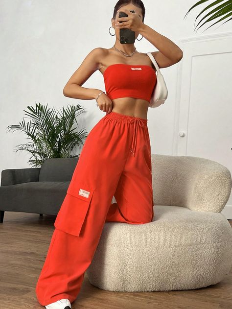 Orange Casual Collar Sleeveless  Letter  Embellished Non-Stretch  Women Clothing Aesthetic Outfits Sweatpants, Orange Outfit Aesthetic, Sporty Outfits Winter, Summer Sweatpants, Outfit Sweatpants, Orange Outfits, Outfit Sporty, Orange Outfit, Practice Outfits