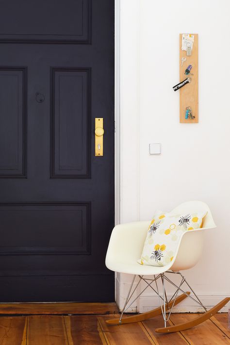 Front Door Makeover - Adding Panelling to a plain door. Painted in Paean Black by Farrow & Ball Farrow And Ball Paean Black, Painting Interior Doors Different Colors, Paean Black Farrow And Ball, Farrow And Ball Living Rooms, Plain Front Door, Farrow And Ball Front Door Colours, Front Door Colors Interior, Black Front Door Interior, Front Door Farrow And Ball