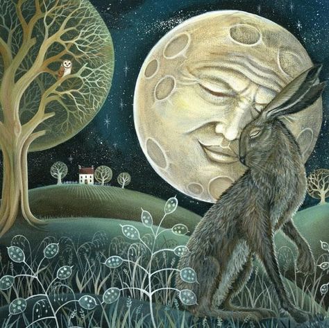 Hare Illustration, Hare Painting, Moon Gazing Hares, Rabbit Rabbit Rabbit, Spirit Animal Art, Woodland Art, March Hare, Rabbit Rabbit, Celestial Art