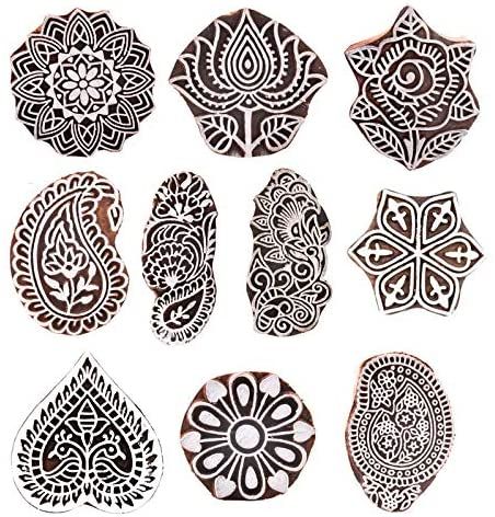 Hashcart Hand-Carved Wooden Baren/Motif Printing Block For Artistic Design On Saree Border/Painting: Amazon.co.uk: Kitchen & Home Vegetable Printing Designs, Mughal Design, Mughal Designs, Make Temporary Tattoo, Diy Henna, Wooden Printing Blocks, Hand Carved Stamps, Stamp Blocks, Stamp Printing