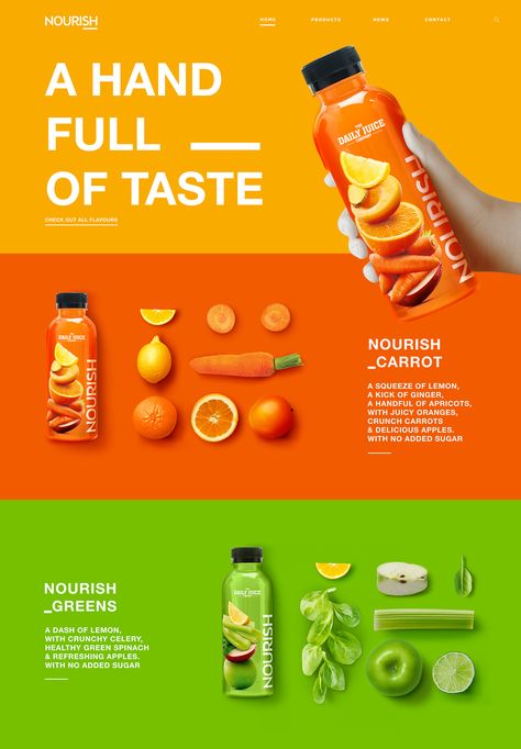 Nourish | Daily Juice :: Behance Juice Social Media Design, Salad Packaging, Juice Menu, Juice Ad, Juice Company, Resep Smoothie, Fruit And Veggies, Juice Branding, Juice Packaging