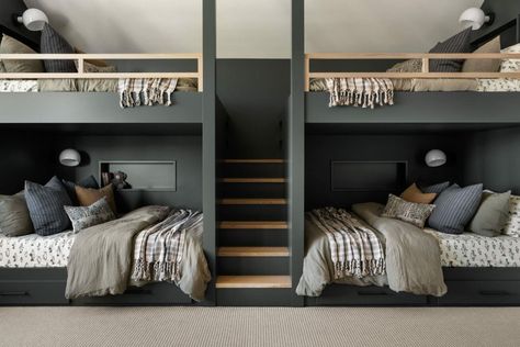 Bunk Rooms From The Studio McGee Archives - Studio McGee Eclectic Shelving, Cabin Bunk Room, Street Style Room, Bunk Room Ideas, Male Bedroom, Modern Bunk, Male Bedroom Ideas, Home Door Hanger, Bunk Bed Room