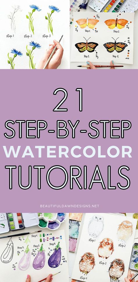 Drawing Ideas Using Watercolor, Watercolor 101 Tutorials Art Lessons, How To Paint Watercolor Flowers Step By Step, Watercolor Painting Drills, Watercolor Diy Easy, Watercolor Art Intermediate, Water Coloring Ideas Easy Sunset, Paintings Ideas Watercolor, Water Colure Painting For Beginners