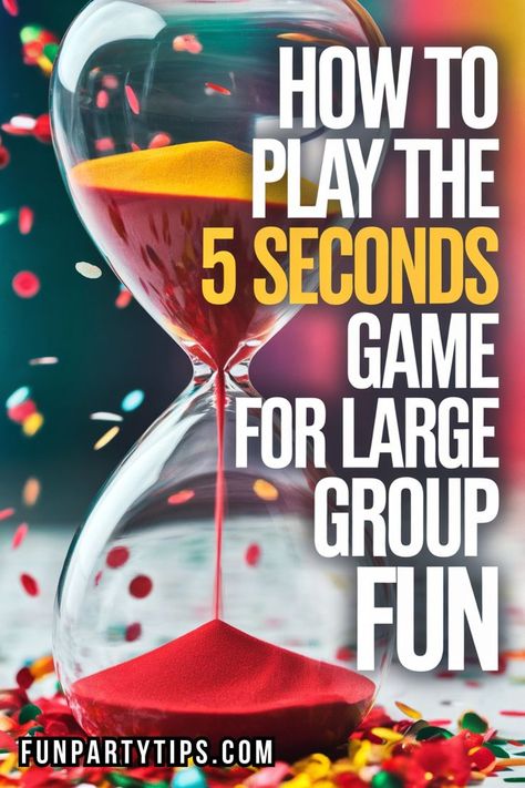 Need a big group game idea that’ll keep everyone on their toes? The 5 Seconds Game is your go-to! Perfect as a family game night idea or a fun party idea for a big group, this think-fast game is packed with funny questions that bring out the wildest answers under pressure. With just 5 seconds to name 3 things, it’s the ultimate big group icebreaker game for endless laughs. Grab your 5 seconds game questions, and let the fun begin! Adult Party Games For Large Groups, Adult Party Games Funny, 5 Second Rule Game, Games For Big Groups, Funny Ice Breakers, Party Questions, Funny Games For Groups, 5 Second Rule, Large Group Games