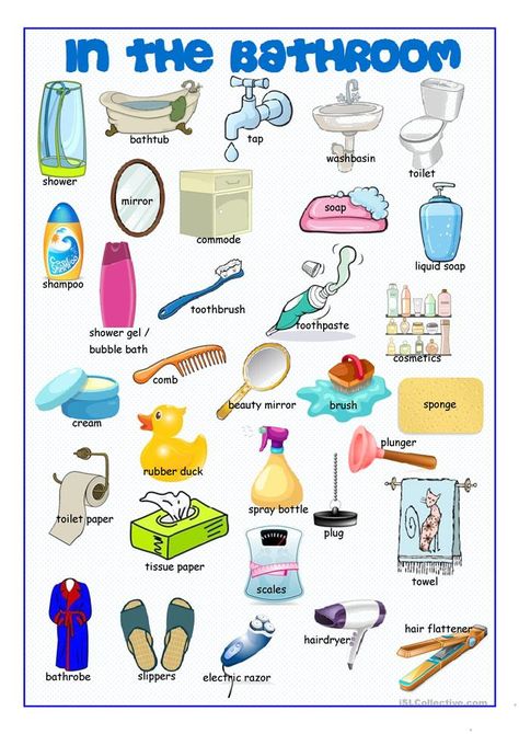 Bathroom Picture Dictionary worksheet - Free ESL printable worksheets made by teachers Bathroom Picture, Learning English For Kids, Picture Dictionary, English Vocab, Kids English, Learn English Grammar, English Verbs, English Language Teaching, English Lessons For Kids