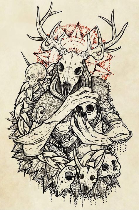 Wolf With Skull Tattoo, Shaman Tattoo Design, Wendigo Art Drawing, Dark Unicorn Art, Dark Tattoo Designs Men, Nomad Tattoo Ideas, Wendigo Tattoo Design, Wendigo Sketch, Goat Skull Drawing