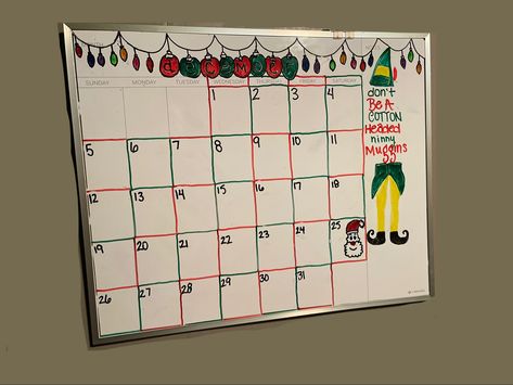 Large Dry Erase Board with Bullet Journal Style Calendar with Buddy the Elf as the Theme for the month of December! White Board December Calendar, Christmas White Board Calendar, December White Board Calendar, Christmas Whiteboard Calendar Ideas, December Calendar 2023 Whiteboard, Christmas Calendar Whiteboard, September Whiteboard Calendar, December Whiteboard Ideas, Dry Erase Board Calendar Ideas